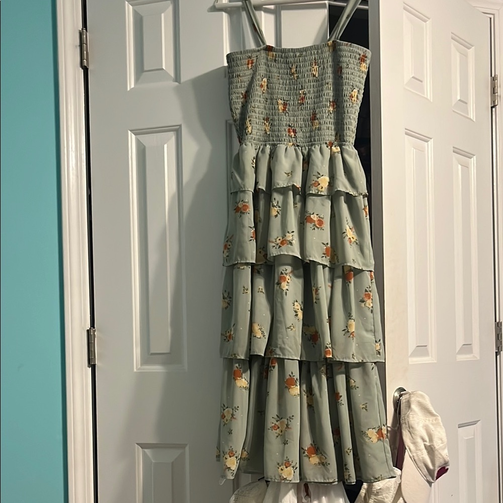 Mimi Chica Kids Floral Tiered Dress in Green and Orange